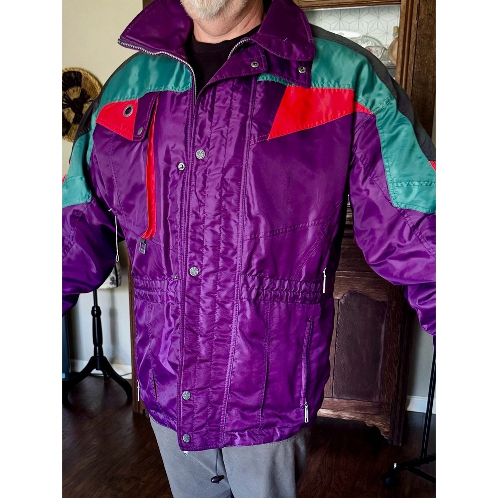 Vintage 80s 90s Colorblock Ski Jacket Purple Teal Red Neon Winter Puffy